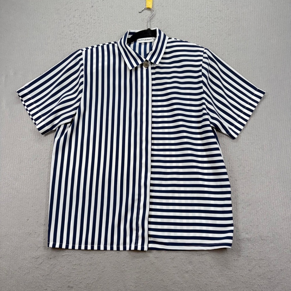 Alfred Dunner Button Up Shirt Women 12 Navy White Mixed Stripe Short Sleeve